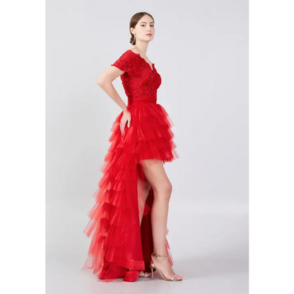 Scarlet Tulle A-Line Dress – Dramatic Off-Shoulder Prom Look - Prom Dress
