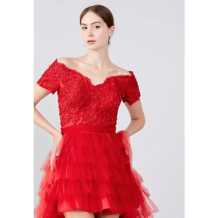 Scarlet Tulle A-Line Dress – Dramatic Off-Shoulder Prom Look - Prom Dress