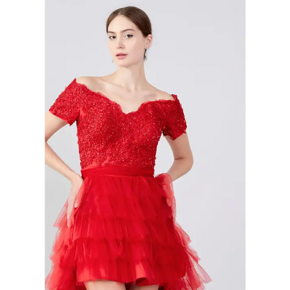 Scarlet Tulle A-Line Dress – Dramatic Off-Shoulder Prom Look - Prom Dress
