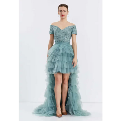 Scarlet Tulle A-Line Dress – Dramatic Off-Shoulder Prom Look - Green / 38 - Prom Dress