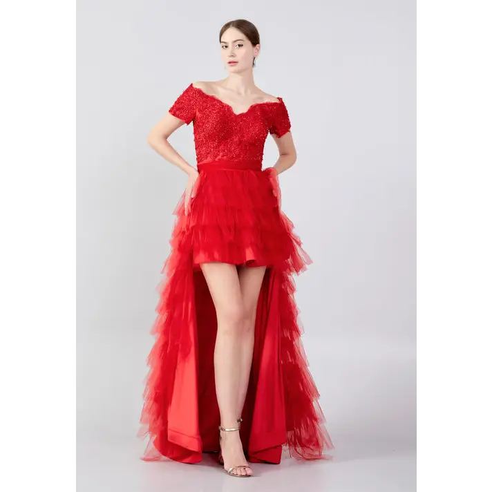 Scarlet Tulle A-Line Dress – Dramatic Off-Shoulder Prom Look - Red / 38 - Prom Dress