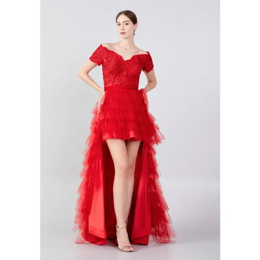 Scarlet Tulle A-Line Dress – Dramatic Off-Shoulder Prom Look - Red / 38 - Prom Dress
