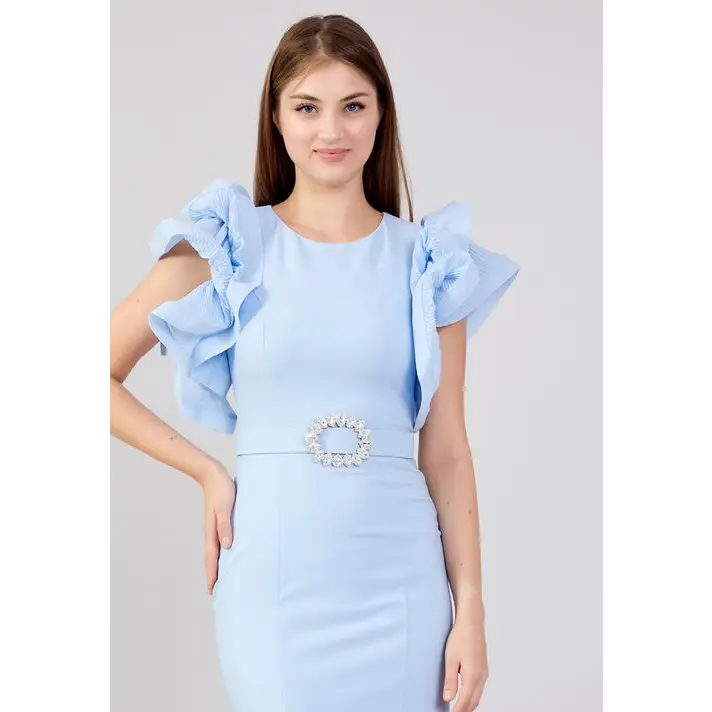 Sky Blue Sleeveless Midi Dress – Light Column Evening Cut - Evening Dress