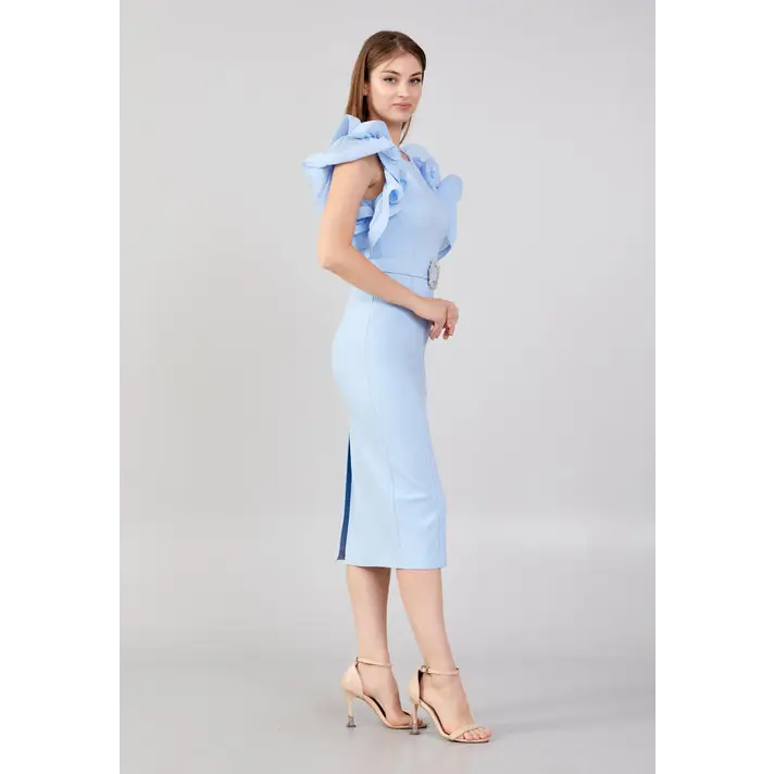 Sky Blue Sleeveless Midi Dress – Light Column Evening Cut - Evening Dress