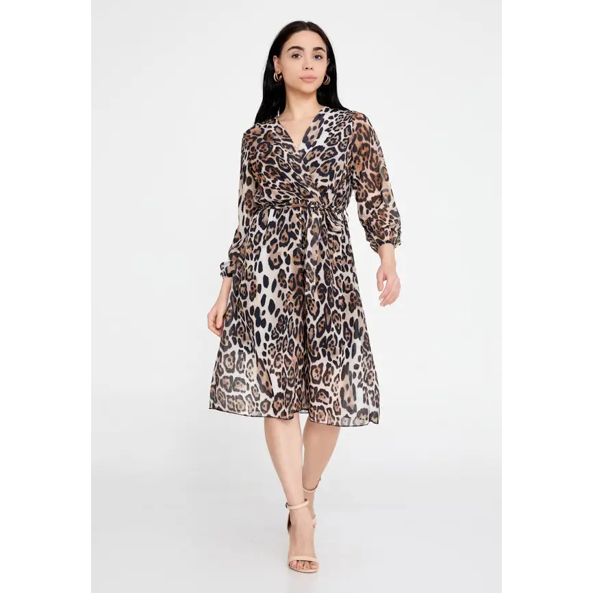 White-Print Chiffon Midi Dress – Light & Breezy Long Sleeve Fit - Brown-Beige / 38 - Casual Dress
