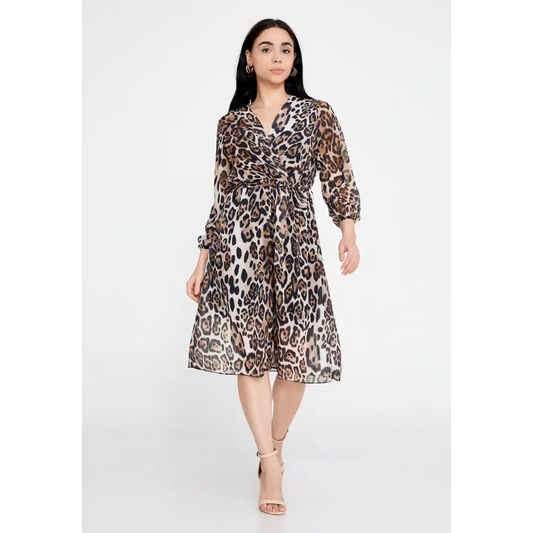 White-Print Chiffon Midi Dress – Light & Breezy Long Sleeve Fit - Brown-Beige / 38 - Casual Dress
