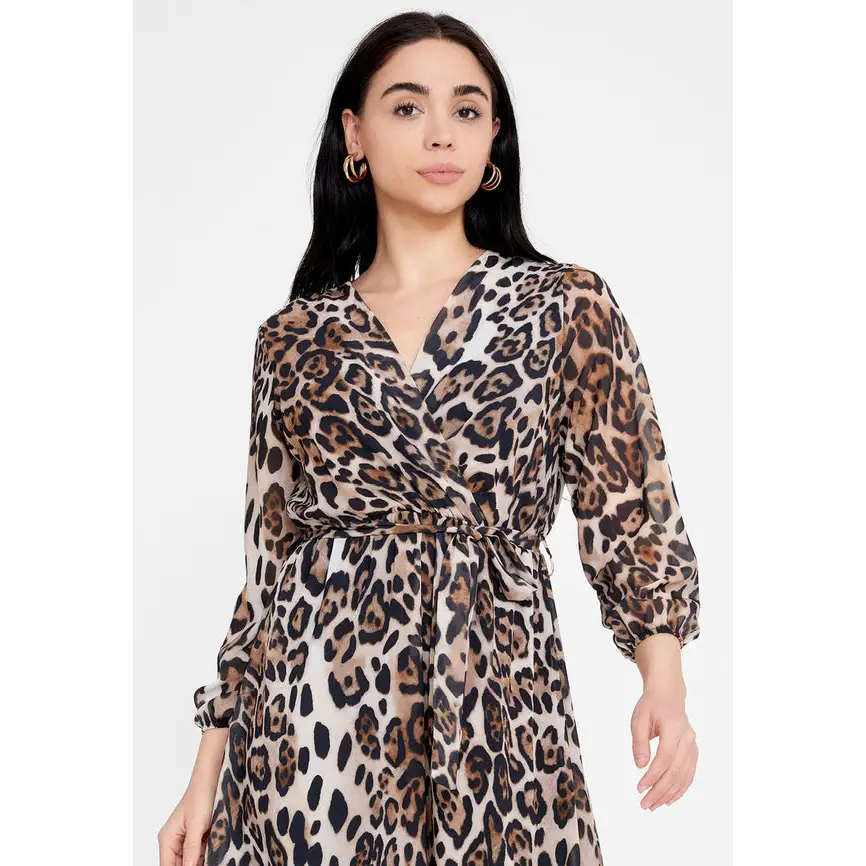 White-Print Chiffon Midi Dress – Light & Breezy Long Sleeve Fit - Casual Dress